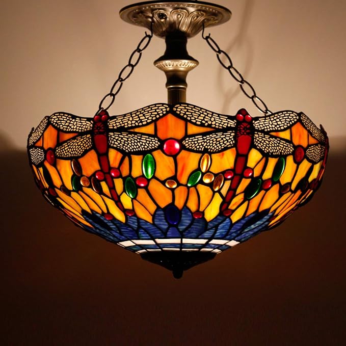WERFACTORY Tiffany Ceiling Light Fixture Orange Blue Stained Glass Dragonfly Semi Flush Mount Lamp Wide 16 Inch Height 15 Inch Tiffany Ceiling Lamp S168 Series