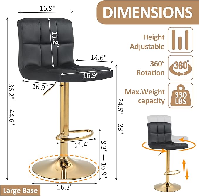 Finnhomy Gold Bar Stools Set of 2 Velvet Fabric, Swivel Barstools with Footrest and L Shape Thicken Cushion Back, Adjustable Armless Upholstered Modern Bar Chairs for Kitchen Island, Black