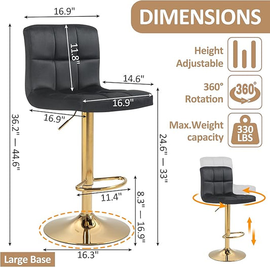 Finnhomy Gold Bar Stools Set of 2 Velvet Fabric, Swivel Barstools with Footrest and L Shape Thicken Cushion Back, Adjustable Armless Upholstered Modern Bar Chairs for Kitchen Island, Black