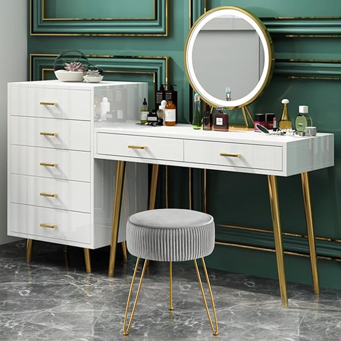 GERANT Multifunctional Vanity Stool,Modern Stools for Makeup Room,Velvet Round Ottoman Footrest Stool with Metal Legs, Upholstered Pleated Chair Living Room,Office, Artistic Gray, (ZG001)