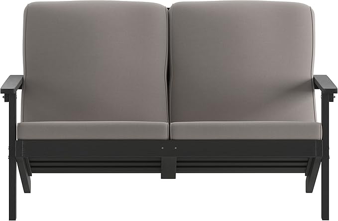 Flash Furniture Charlestown Adirondack Style Deep Seat Patio Loveseat with Cushions - Black Poly Resin Frame - Charcoal All-Weather Cushions - Indoor/Outdoor