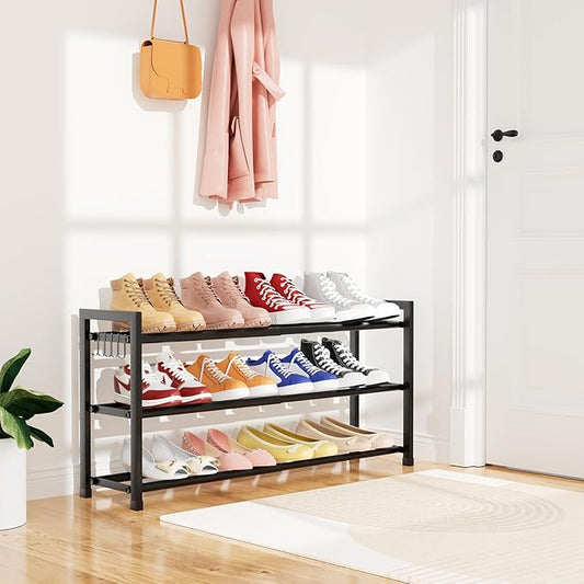 Expandable Shoe Rack for Closet Adjustable Metal Shoe Rack for Entryway 18.5"-33" Free Standing Shoe Organizer 12 Pairs with Hooks 3-Tier Small Shoe Shelf for Bedroom Garage Dorm Floor, Black