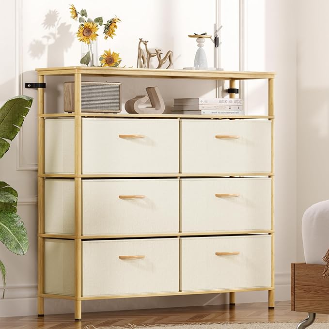 Solid Wood Dresser, Dresser with 6 Drawers, Solid Bamboo Frame Paired with Fabric Storage Boxes, Large Capacity, Stable and Durable, Versatile Style, for Bedrooms, Living Rooms, and Hallways