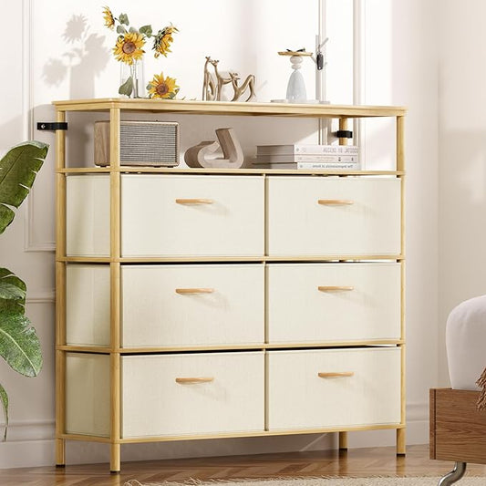 Solid Wood Dresser, Dresser with 6 Drawers, Solid Bamboo Frame Paired with Fabric Storage Boxes, Large Capacity, Stable and Durable, Versatile Style, for Bedrooms, Living Rooms, and Hallways