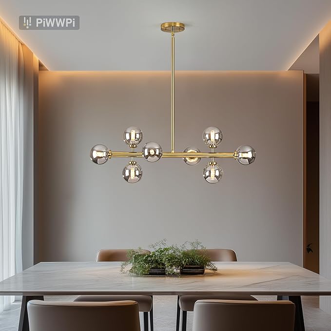 Modern Linear Chandeliers for Dining Room, 8-Light Globe Sputnik Pendant Ceiling Light, Brass Gold Dining Room Light Fixture Over Table, Mid Century Glass Smoke Grey Bubble, 31.5 Inch, GC-09