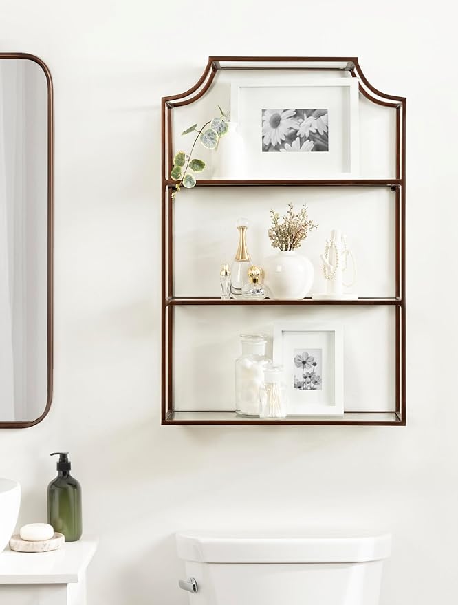 Kate and Laurel Ciel Three-Tiered Wall Shelf; 21 x 30; Bronze; Decorative Floating Shelf Storage and Wall Organizer for Over Toilet Storage Bathroom Display