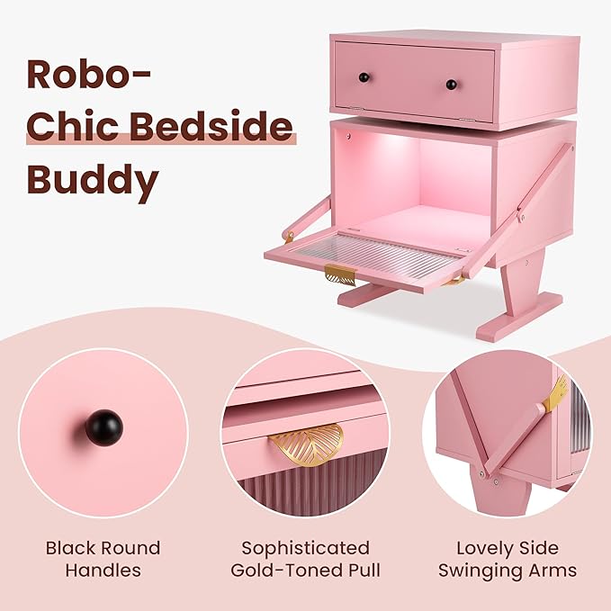 RoyalCraft Nightstand with LED Light Strips, Pink End Table with 360° Rotating Drawer, Modern Bedside Table with Glass Door Storage, Wood Night Stand Cabinet for Bedroom, Home Office, Pink