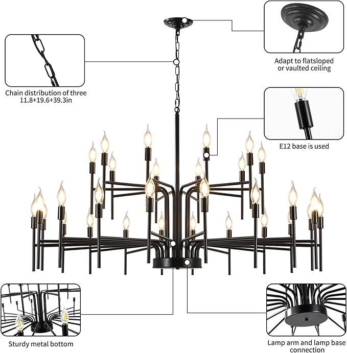 Black Chandelier 30 Light Large Modern Farmhouse Chandeliers for Dining Room Lights Fixture, 47" Round Candle Large Chandeliers for High Ceilings Living Room Foyer Entryway 2 Tier