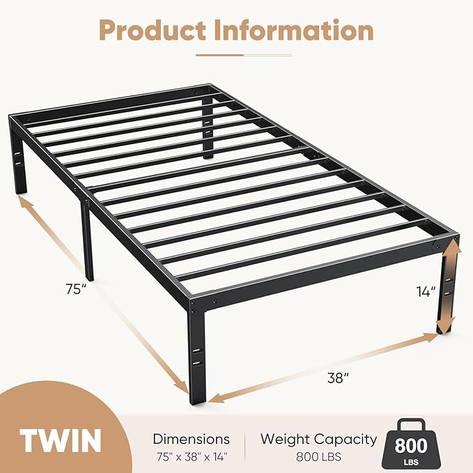 DUMOS Twin Size Bed Frame - Metal Platform Bed Frame Mattress Foundation with Steel Slat Support, No Box Spring Needed, Storage Space Under Base, Easy Assembly, Black