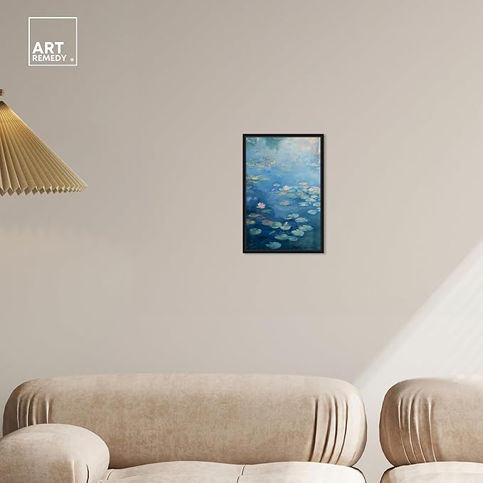 Art Remedy Lilypads In Blues Framed Impressionism 1 Piece Canvas Wall Art/Monet And Van Gogh Inspired Art, 11" x 16", Black Frame