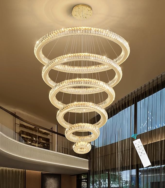 Modern Chandelier 8"+16"+24"+32"+40"+47" 6 Rings Crystal LED Dimmable Lighting Foyer Entryway High Ceiling Living Room Chanderliers Pendant Lights Fixtures Gold Light