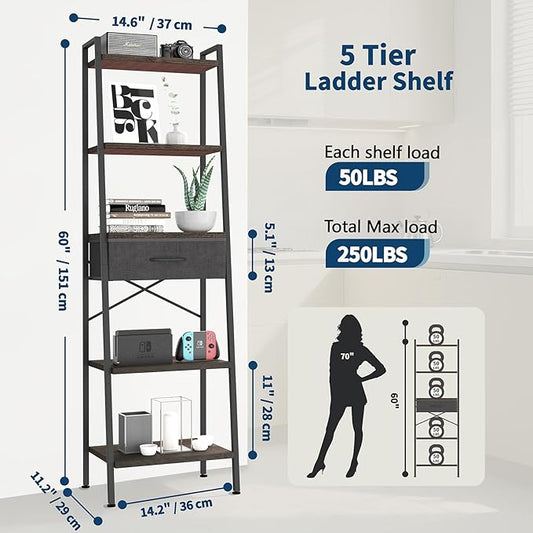 Whitmor 5-Tier Ladder Bookshelf with Drawer, Tall Narrow Bookcase with Wood Shelves & Metal Frame, Modern Display Storage Shelf for Living Room, Bedroom, Bathroom, Kitchen, Black