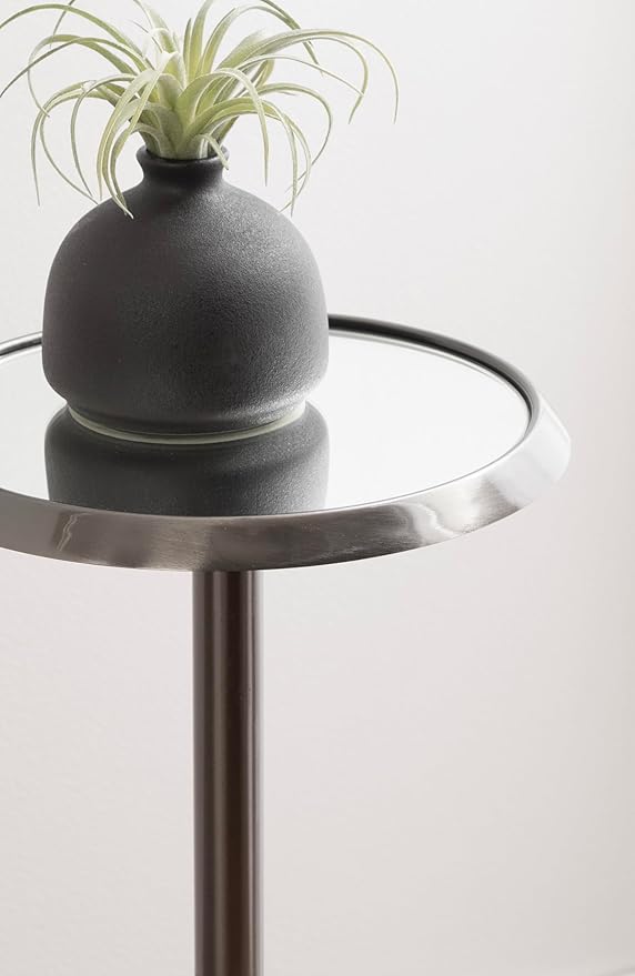 Kate and Laurel Sanzo Modern Pedestal Drink Table; 10 x 10 x 23; Gray Gunmetal; Decorative End Table with Mirrored Tabletop for Use as Small Plant Stand or Cute Martini Table