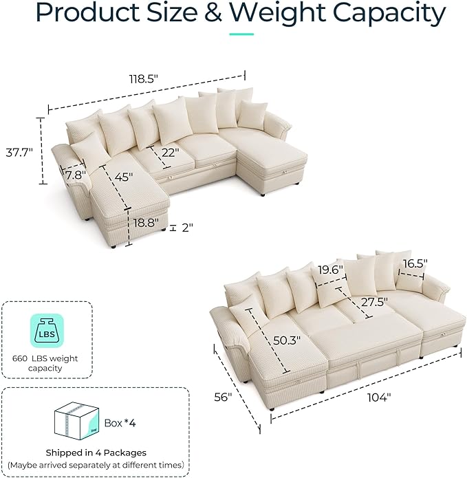 LINSY HOME Oversized Sectional Sleeper Sofa with Pull Out Couch Bed (Beige, 118.5'') | USB Charging, Pillow-style Armrest, Multiple Cushions, Storage Chaise, Corduroy Fabric