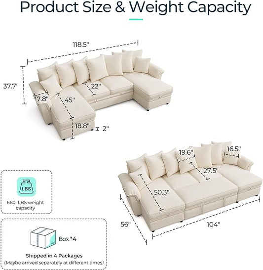 LINSY HOME Oversized Sectional Sleeper Sofa with Pull Out Couch Bed (Beige, 118.5'') | USB Charging, Pillow-style Armrest, Multiple Cushions, Storage Chaise, Corduroy Fabric