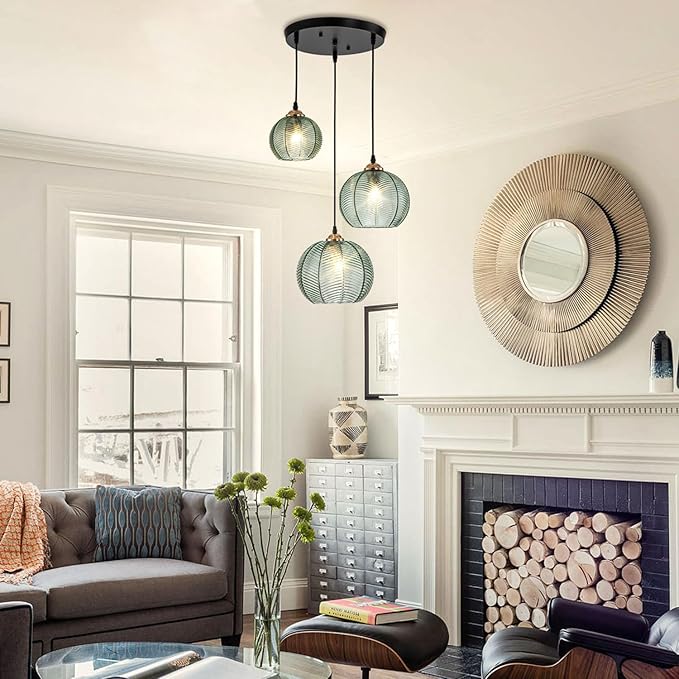 3 Light Pendant Lighting Modern Pendant Light Kitchen Island Hand Blown Hanging Ceiling Light with Glass Shade Green Glass Chandelier for Dining Room Bedroom Living Room