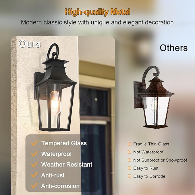 ALVIME Dusk to Dawn Outdoor Wall Lighting, 17 Inch Matte Black Outdoor Sconce Lights, Exterior Light Fixtures for House, Front Door, Porch, Patio, Garage, E26 Base& High Strength Clear Glass