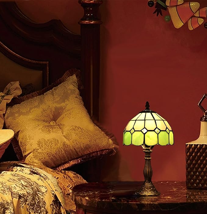 Table Lamp Tiffany-Style 8 Inch Mediterranean Series Stained Glass Lampshades Small Bedside Lamp Reading Antique Desk Light Livingroom Bedroom Office Vintage Art De(Color:Green)