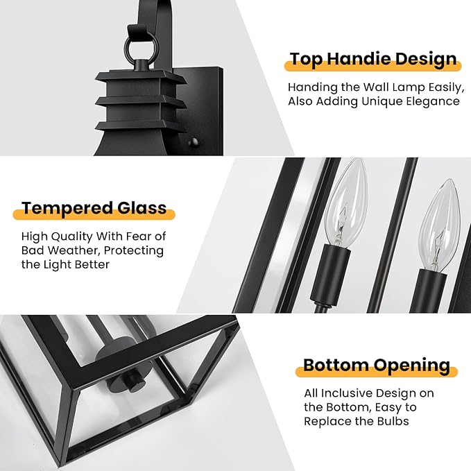 22" Large Outdoor Wall Lights, 2-Pack Black Porch Lights with Clear Glass, Waterproof Exterior Lighting Fixtures, E12 Socket Modern Farmhouse Wall Sconces Lantern for House Garage, Aluminum Frame