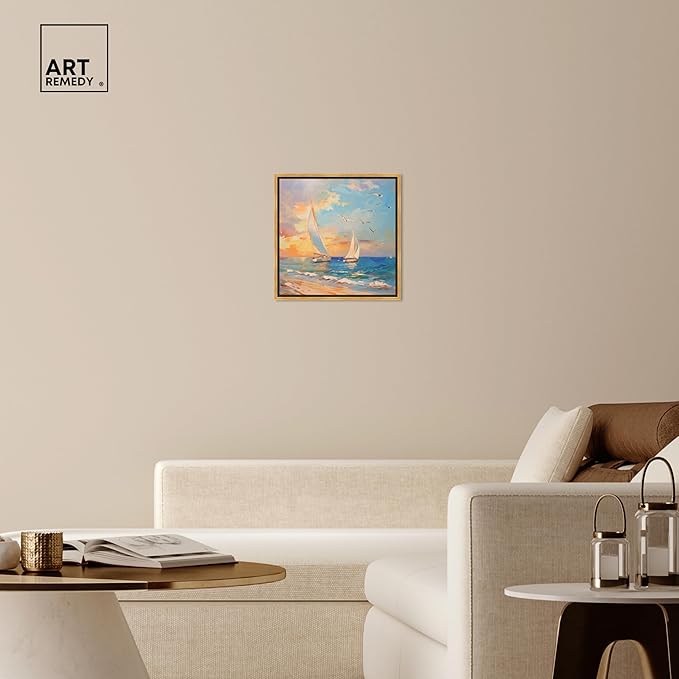 Art Remedy Sailboats In The Sunset Framed Sailing 1 Piece Canvas Wall Art, 21.5" x 21.5", Gold Frame
