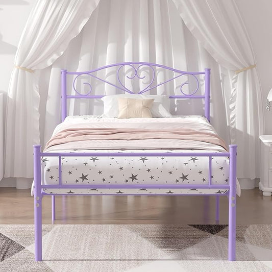VECELO 14 Inch Twin Size Metal Platform Bed Frame with Headboard and Footboard, Heavy Duty Mattress Foundation with Steel Slats Support, No Box Spring Needed, Purple