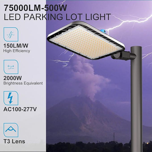 Lightdot 500W Parking Lot Lighting 75000Lm(150Lm/W) LED Parking Lot Lights Commercial with Smart Photocell Dusk to Dawn 5000K Street Light with SlipFitter Mount for Driveway/Parking Lot- 2Pack
