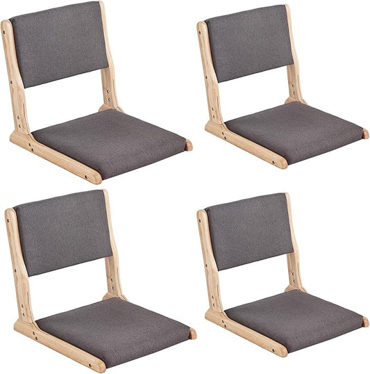 Tiita Floor Chair with Back Support, Foldable Meditation Tatami Chairs, Backrest Chair with Cushion, Living Room Chair Seat 4 Pack, Wood Dark Grey