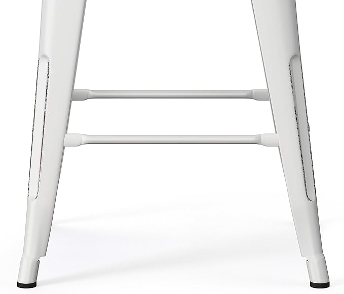 SIMPLIHOME Rayne Counter Stools (Set of 2) - 24 Inch Seat Height Metal Kitchen Seats in Distressed White, Industrial Seating for Dining Room or Kitchen with Curved Backrest and Footrest