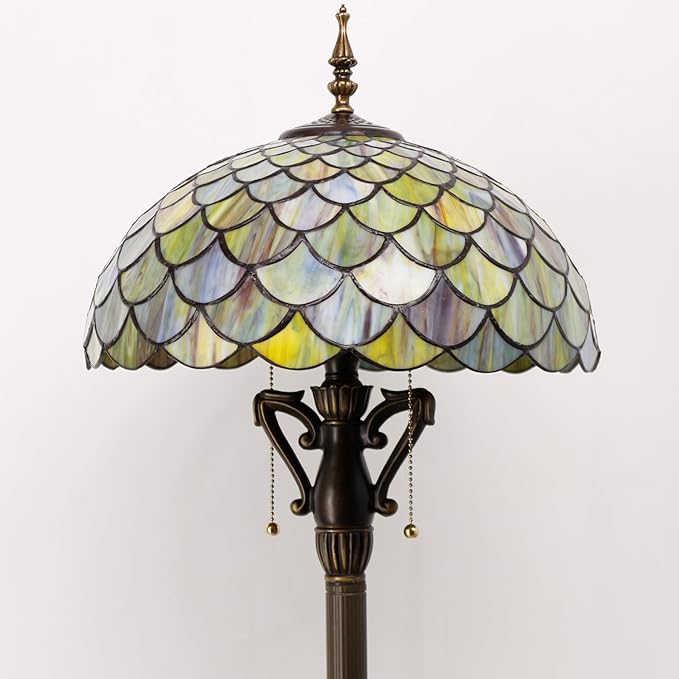 Tiffany Floor Lamp Brown Fish Scales Stained Glass Standing Reading Light 16X16X64 Inches Antique Pole Corner Lamp Decor Bedroom Living Room