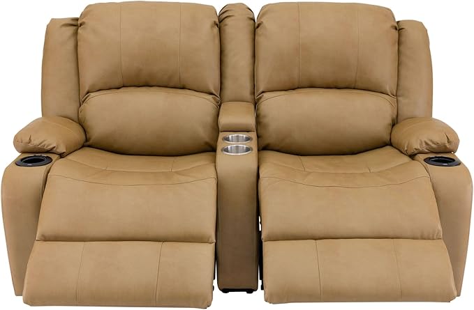 RecPro Charles 64" Powered Recliner RV Sofa with Console and Cupholders | Zero Wall Loveseat for Camper | Wall Hugger Couch with Upgraded 2023 Fabric (Toffee)
