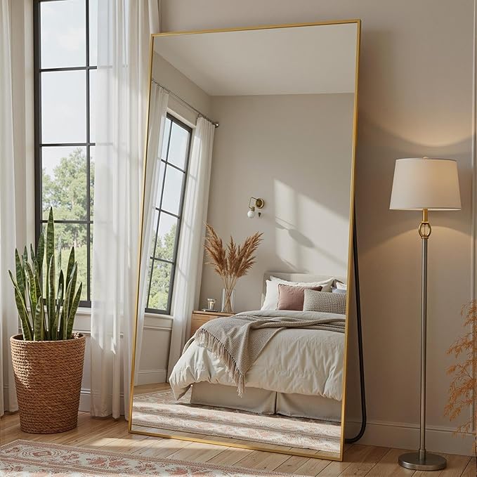 Full Length Mirror, 75"x36" Full Body Mirror, Floor Mirrors with Stand, Body Mirrors Standing Hanging Leaning Against Wall,Aluminum Frame Mirrors for Bedroom Cloakroom,Living Room,Gold