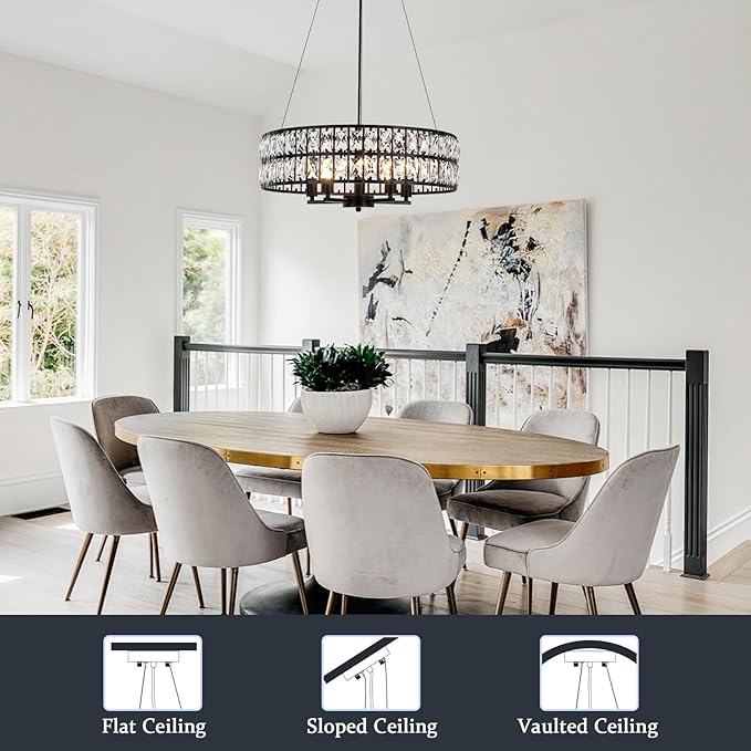 20" Black Crystal Chandelier, 5-Light Modern Dining Room Light Fixture Over Table Adjustable Height Hanging Industrial Pendant Lights Kitchen Island,Living Room Bedroom Entryway Foyer