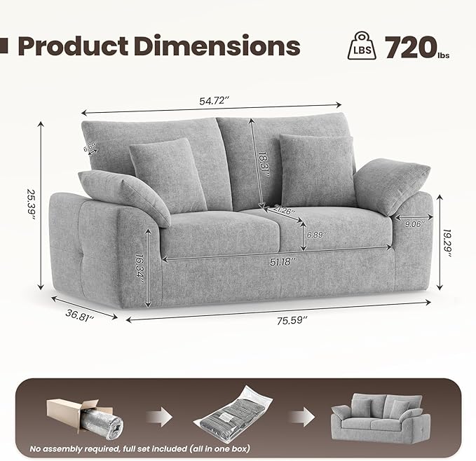 MALOL 76" Boneless Loveseat Sofa, Cloud Foam Couch, 3 Seater Upholstered Midcentury Mondern Love Seat, Wide Armrest and 4 Pillows for Home Living Room/Small Spaces, No Assembly Required, Grey