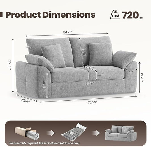 MALOL 76" Boneless Loveseat Sofa, Cloud Foam Couch, 3 Seater Upholstered Midcentury Mondern Love Seat, Wide Armrest and 4 Pillows for Home Living Room/Small Spaces, No Assembly Required, Grey