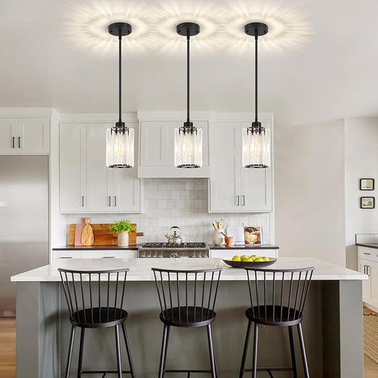 Black Pendant Light, Modern Crystal Pendant Lights Kitchen Island Lighting, Hanging Light Fixtures Mini Chandelier Pendant Lights for Island Dining Room Hallway Bedroom