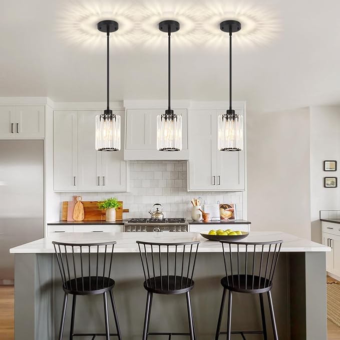 2 Pack Black Pendant Light, Modern Crystal Pendant Lights Kitchen Island Lighting, Hanging Light Fixtures Mini Chandelier Pendant Lights for Island Dining Room Hallway Bedroom