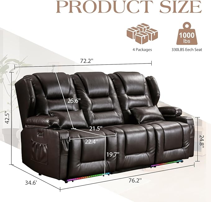Oprisen 3-Seater Power Recliner Sofa Couch Flip Middle Backrest Reclining Sofa Chair for Living Room with Charging Station/Cup Holders/LED Ambient Light