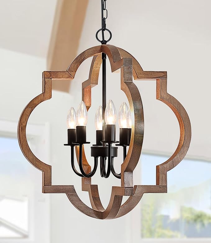 21.65'' Farmhouse Wood Chandelier, 6-Light Rustic Dining Room Light Fixture, Orb Chandelier Light Adjustable Height, Wood Pendant Lighting for Kitchen Island Foyer Living Room Hallway