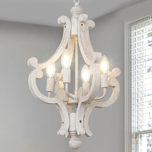 French Country Chandelier, 4-Light Rustic Farmhouse Distressed White Chandeliers for Dining Room, Modern Wood Kitchen Light Fixtures, Hanging Light Fixture for Bedroom Entryway Island