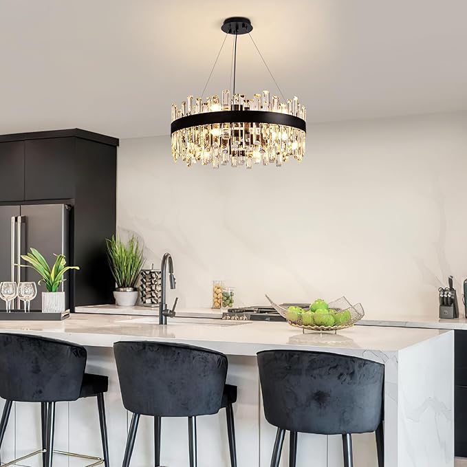 CROSSIO 12-Light Modern Crystal Chandelier for Dining Room, Black Round Flush Mount Ceiling Light, Luxury 2-Tiers K9 Crystal Raindrop Chandelier for Living Room Entryway Foyer Bathroom D23.6''