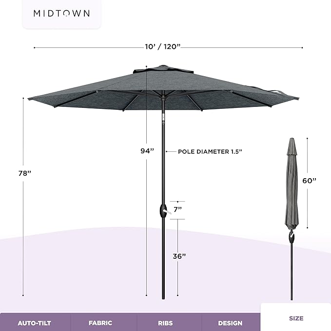 Midtown Umbrellas - The Lean 10 Ft Patio Umbrella with Fade-Resistant Sunbrella Fabric, Auto-Tilt Aluminum Frame and 8 Reinforced Ribs for Deck, Pool & Garden - Cast Slate Canopy, Black Pole