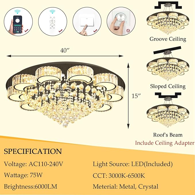 40'' Black Modern Crystal Chandeliers for Dining Room LED Dimmable Light Fixtures Flush Mount Light Living Room Bedrooms