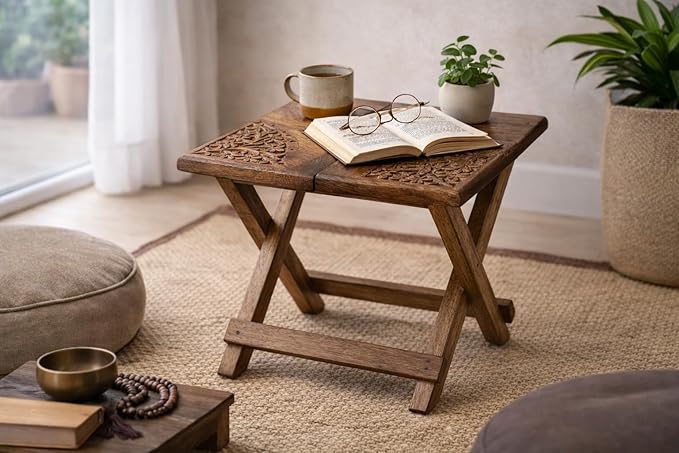 Tribe Azure Fair Trade Small Altar Table, Meditation Altar, Puja, Wood Wiccan Altar Table Buddhist, Tea Japanese, Small Low Side Table Dragon (Folding Small Floral)