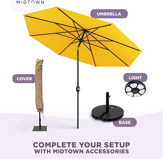 Midtown Umbrellas – The Lean 8 Ft Patio Umbrella with 10-Year-No-Fade Acrylast Acrylic Fabric, Auto-Tilt and 8 Reinforced Ribs for Deck, Pool, Garden, Hotel & Cafes – Studio Yellow Canopy, Black Pole
