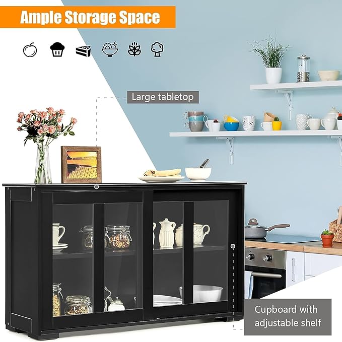 Byroce Sideboard Buffet Cabinet, Stackable Storage Coffee Bar Cabinet with Adjustable Shelf & Glass Sliding Doors, Wood Cupboard Credenza Console Table for Kitchen Dining Living Room (1, Black)