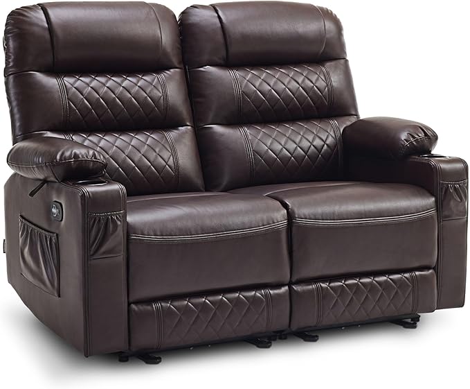 MCombo 56.3" Zero Gravity Power Loveseat Recliner with Heat and Vibration Massage, Reclining Loveseat Sofa with USB Ports, Cup Holders for Living Room, Faux Leather PR622Sets (Dark Brown)