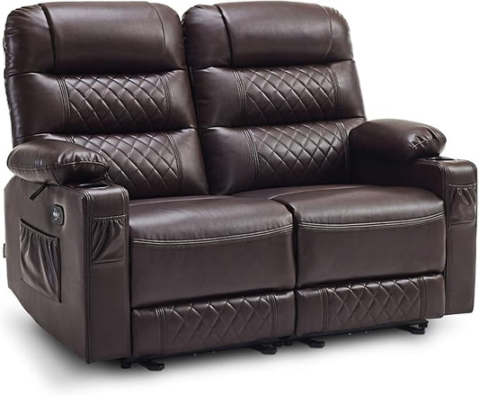 MCombo 56.3" Zero Gravity Power Loveseat Recliner with Heat and Vibration Massage, Reclining Loveseat Sofa with USB Ports, Cup Holders for Living Room, Faux Leather PR622Sets (Dark Brown)