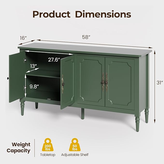 Console Table, 58'' Mid Century Modern Pantry Cabinet, Wood Buffet Sideboard, Media Credenza with 4 Doors, Accent Storage for Entryway, Living Room, Bedroom, Dining Room(Green1)
