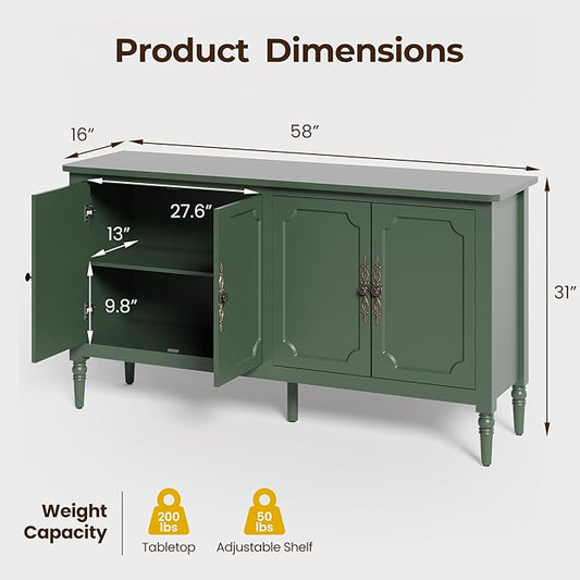 Console Table, 58'' Mid Century Modern Pantry Cabinet, Wood Buffet Sideboard, Media Credenza with 4 Doors, Accent Storage for Entryway, Living Room, Bedroom, Dining Room(Green1)