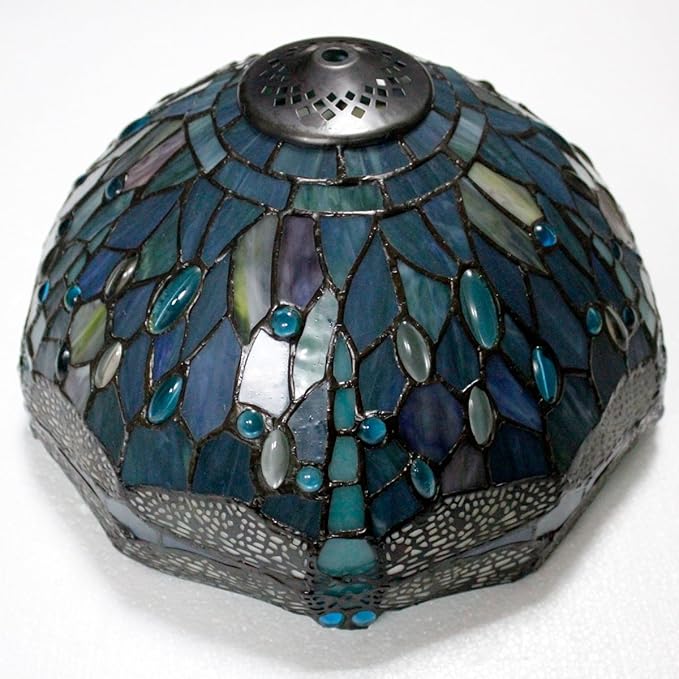 WERFACTORY Tiffany Lamp Sea Blue Stained Glass Table Lamp 12X12X18 Inches Dragonfly Style Desk Reading Light S147 Series